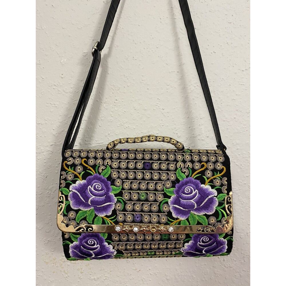 Elegant Black and Purple Floral Shoulder Bag